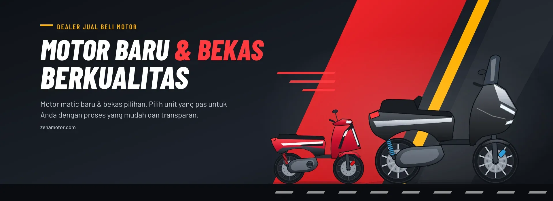 Motor matic baru dan bekas berkualitas di ZENA MOTOR: ilustrasi skuter maxi hitam dan skuter matic merah.